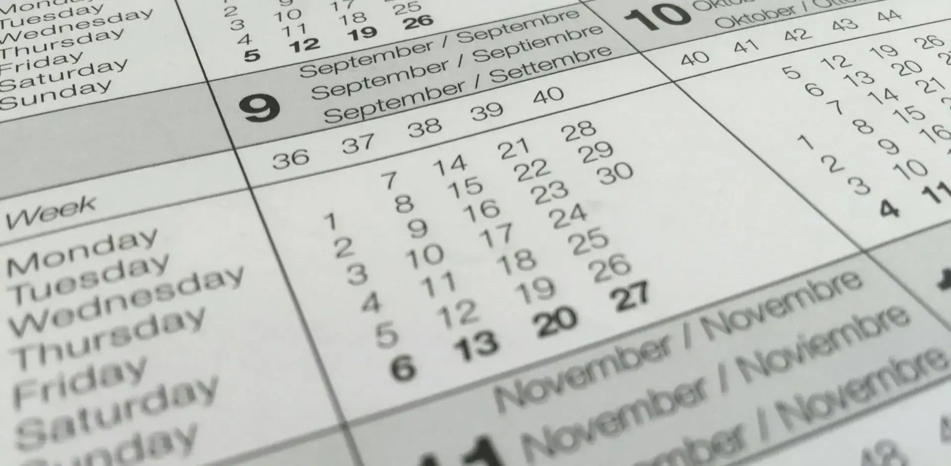 Close-up of a monthly calendar.