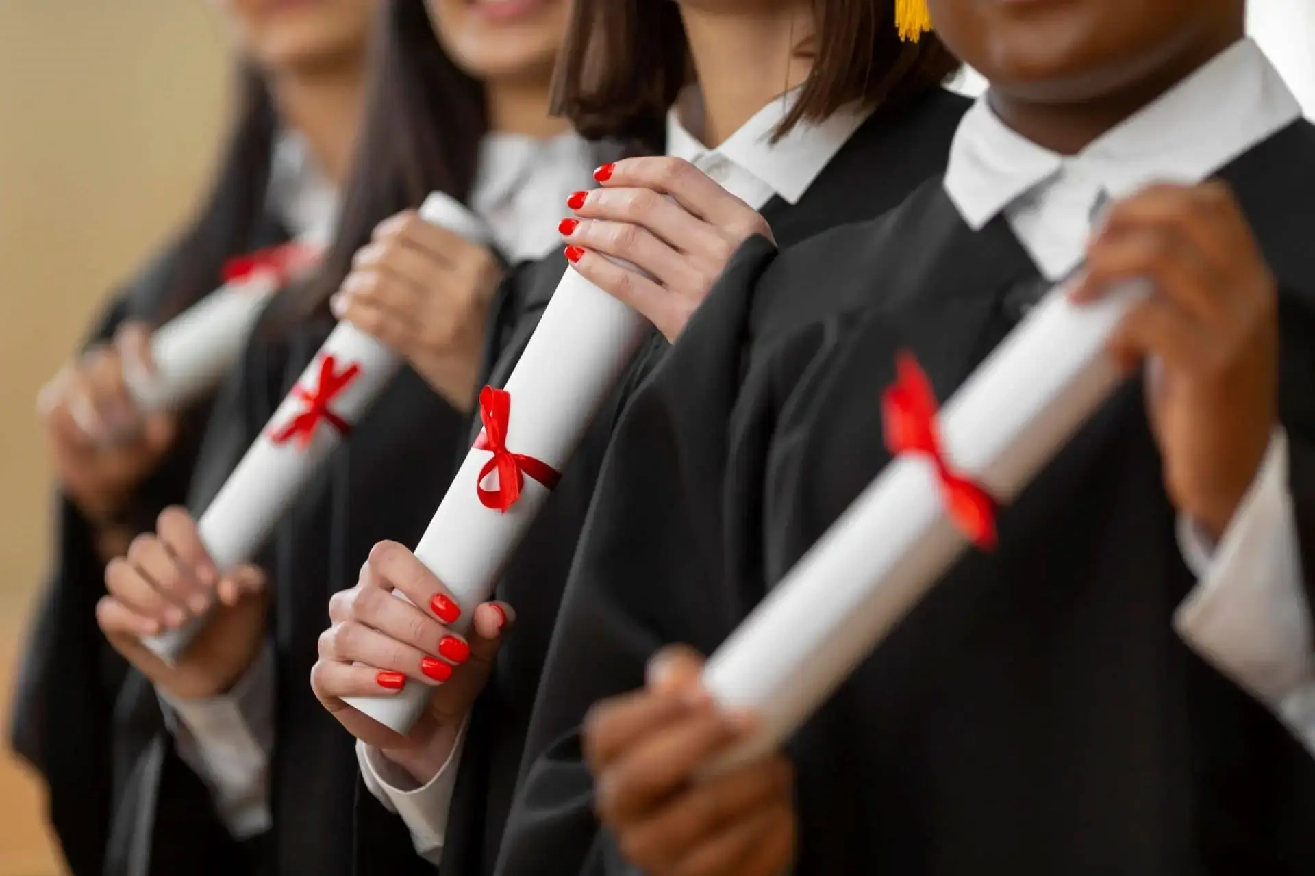 Graduates holding diplomas with red ribbons.